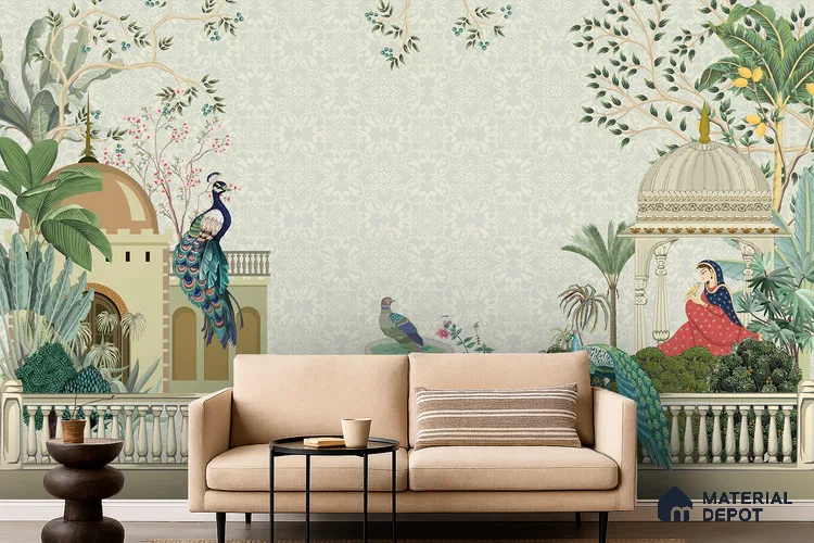 Peacocks of the Royal Garden Pattern | WP 04187 Non Woven Matte Finish Indian Style Premium Customized size Wallpaper | 150 GSM WP01MTF Paper | (MOQ = 30 Sq. Ft.)