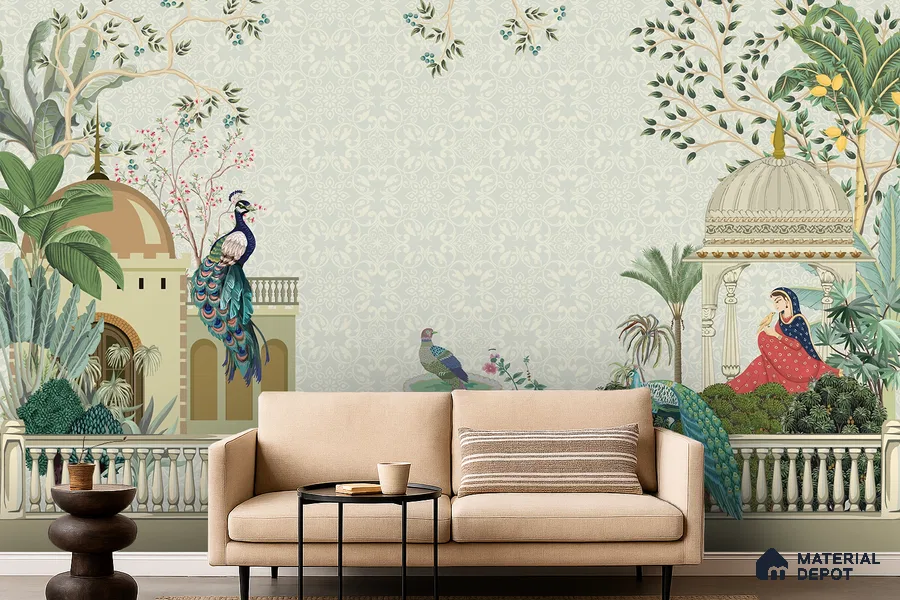 Peacocks of the Royal Garden Pattern | WP 04187 B Canvas Texture Finish Indian Style luxurious Customized size Wallpaper | 250 GSM WP01CNF Paper | (MOQ = 30 Sq. Ft.)