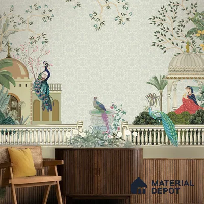Peacocks of the Royal Garden Pattern | WP 04187 B Canvas Texture Finish Indian Style luxurious Customized size Wallpaper | 250 GSM WP01CNF Paper | (MOQ = 30 Sq. Ft.)