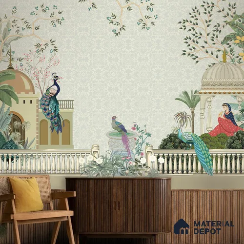 Peacocks of the Royal Garden Pattern | WP 04187 B Canvas Texture Finish Indian Style luxurious Customized size Wallpaper | 250 GSM WP01CNF Paper | (MOQ = 30 Sq. Ft.)