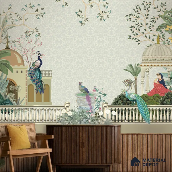 Peacocks of the Royal Garden Pattern | WP 04187 B Canvas Texture Finish Indian Style luxurious Customized size Wallpaper | 250 GSM WP01CNF Paper | (MOQ = 30 Sq. Ft.)