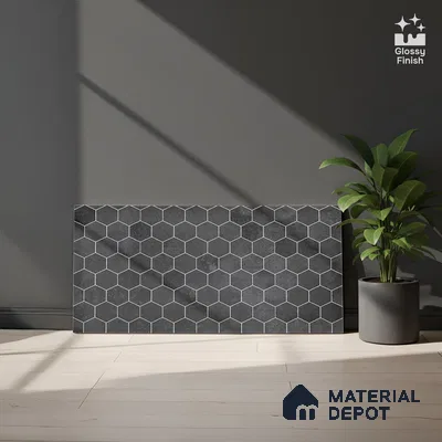Hexagonal Wall Tile TL 06465 D R Mood Hexagon DK Grey HL 2 ft x 1 ft Ceramic Glossy Finish - 8 mm | Suitable for Living Room, Kitchen & Bathroom (Sample)