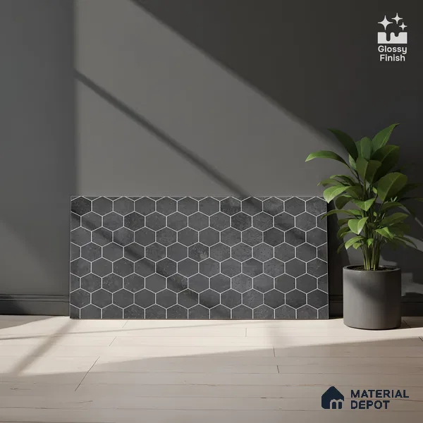 Hexagonal Wall Tile TL 06465 D R Mood Hexagon DK Grey HL 2 ft x 1 ft Ceramic Glossy Finish - 8 mm | Suitable for Living Room, Kitchen & Bathroom (Sample)