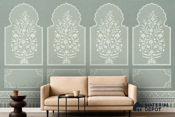 Ivory Jharokha Rangoli Style Leaf Bloom | WP 04164 B Canvas Texture Finish Indian Style luxurious Customized size Wallpaper | 250 GSM WP01CNF Paper | (MOQ = 30 Sq. Ft.) | Design change not possible