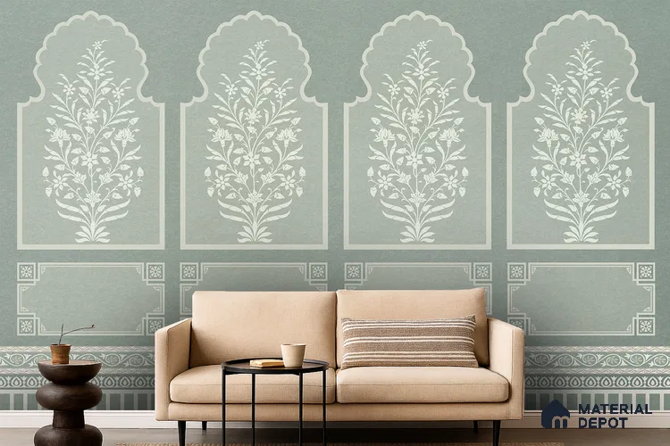 Ivory Jharokha Rangoli Style Leaf Bloom | WP 04164 B Canvas Texture Finish Indian Style luxurious Customized size Wallpaper | 250 GSM WP01CNF Paper | (MOQ = 30 Sq. Ft.) | Design change not possible