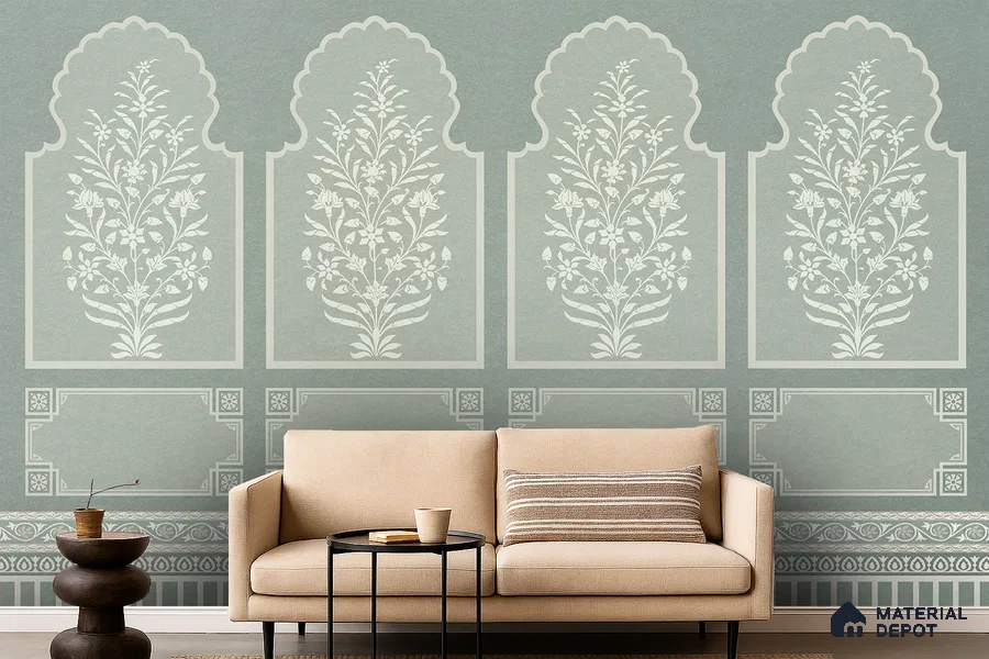 Ivory Jharokha Rangoli Style Leaf Bloom | WP 04164 B Canvas Texture Finish Indian Style luxurious Customized size Wallpaper | 250 GSM WP01CNF Paper | (MOQ = 30 Sq. Ft.) | Design change not possible
