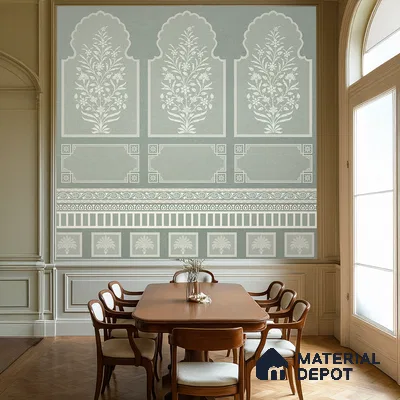 Ivory Jharokha Rangoli Style Leaf Bloom | WP 04164 B Canvas Texture Finish Indian Style luxurious Customized size Wallpaper | 250 GSM WP01CNF Paper | (MOQ = 30 Sq. Ft.) | Design change not possible