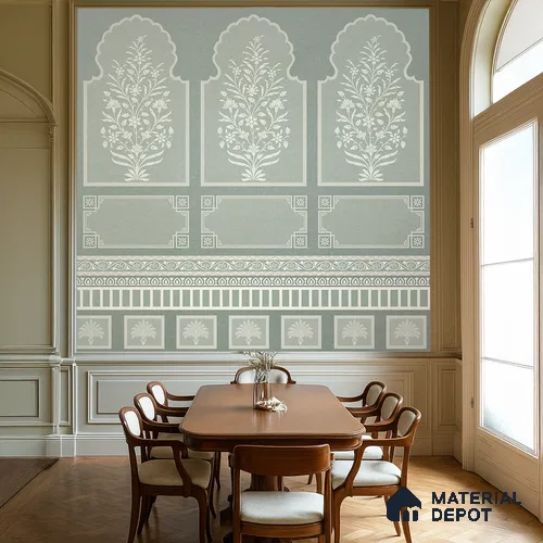 Ivory Jharokha Rangoli Style Leaf Bloom | WP 04164 B Canvas Texture Finish Indian Style luxurious Customized size Wallpaper | 250 GSM WP01CNF Paper | (MOQ = 30 Sq. Ft.) | Design change not possible