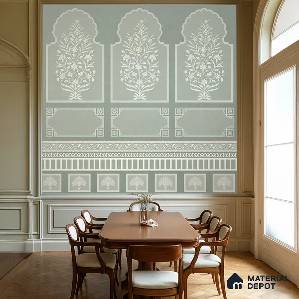 Ivory Jharokha Rangoli Style Leaf Bloom | WP 04164 B Canvas Texture Finish Indian Style luxurious Customized size Wallpaper | 250 GSM WP01CNF Paper | (MOQ = 30 Sq. Ft.) | Design change not possible
