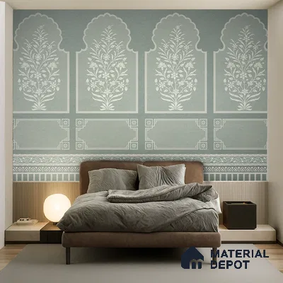 Ivory Jharokha Rangoli Style Leaf Bloom | WP 04164 B Canvas Texture Finish Indian Style luxurious Customized size Wallpaper | 250 GSM WP01CNF Paper | (MOQ = 30 Sq. Ft.) | Design change not possible