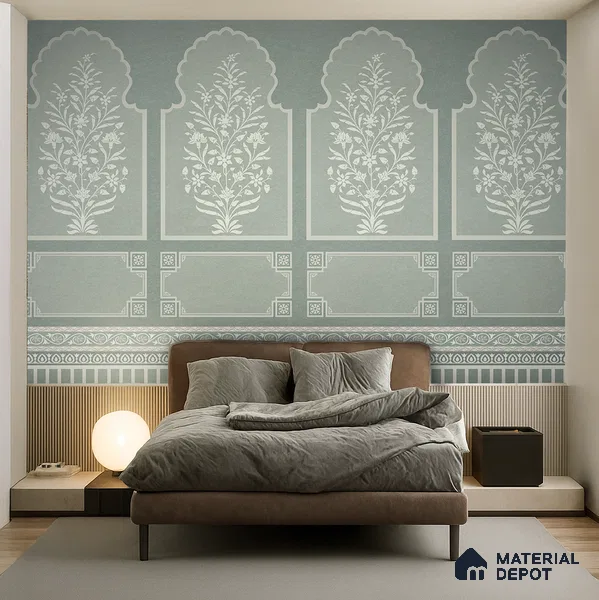Ivory Jharokha Rangoli Style Leaf Bloom | WP 04164 B Canvas Texture Finish Indian Style luxurious Customized size Wallpaper | 250 GSM WP01CNF Paper | (MOQ = 30 Sq. Ft.) | Design change not possible