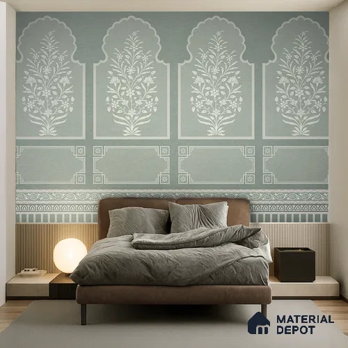 Ivory Jharokha Rangoli Style Leaf Bloom | WP 04164 B Canvas Texture Finish Indian Style luxurious Customized size Wallpaper | 250 GSM WP01CNF Paper | (MOQ = 30 Sq. Ft.) | Design change not possible