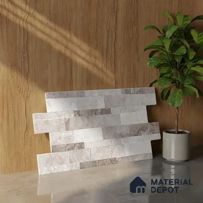 Stacked Stone Wall Tile TL 06598 Sentenar Gray 2 ft x 1 ft Ceramic Matte Finish - 9 mm | Suitable for Courtyard, Foyer, Balcony, Elevation (Sample)