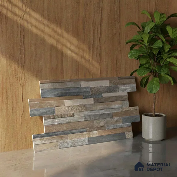 Stacked Stone Wall Tile TL 06599 C Ardesia Woody 2 ft x 1 ft Ceramic Matte Finish - 9 mm | Suitable for Courtyard, Stair Lobby wall, Balcony, Elevation (Sample)