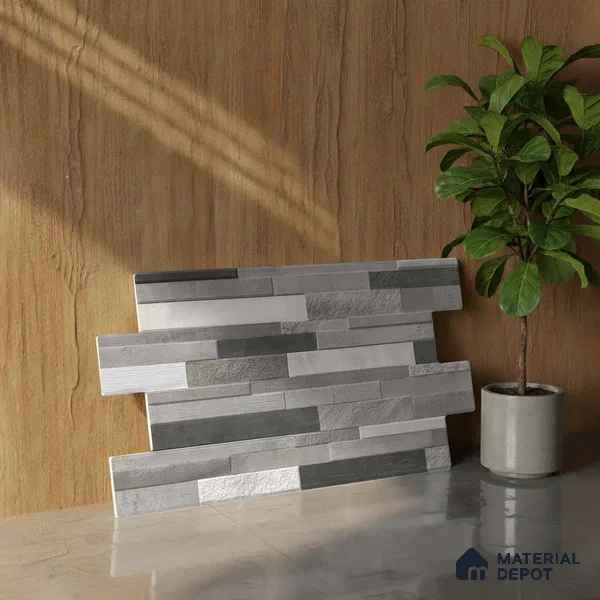 Stacked Stone Wall Tile TL 06599 Ardesia Gris 2 ft x 1 ft Ceramic Matte Finish - 9 mm | Suitable for Courtyard, Foyer, Balcony, Elevation (Sample)