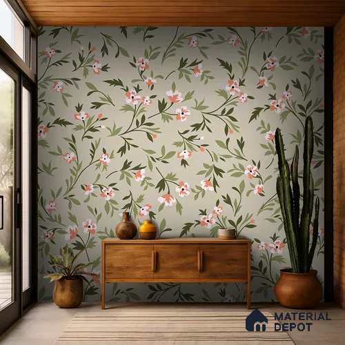 Wildflowers on Sage Ground Tangerine Bloom Brush Effect | WP 04118 B Non Woven Matte Finish Florals Style Premium Customized size Wallpaper | 150 GSM WP01MTF Paper | (MOQ = 30 Sq. Ft.)