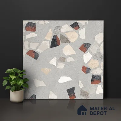 Terrazzo Wall & Floor Tile TL 06604 Emuna Gray 2 ft x 2 ft Vitrified Matte Finish - 9 mm | Suitable for Living Room, Balcony, Courtyard (Sample)