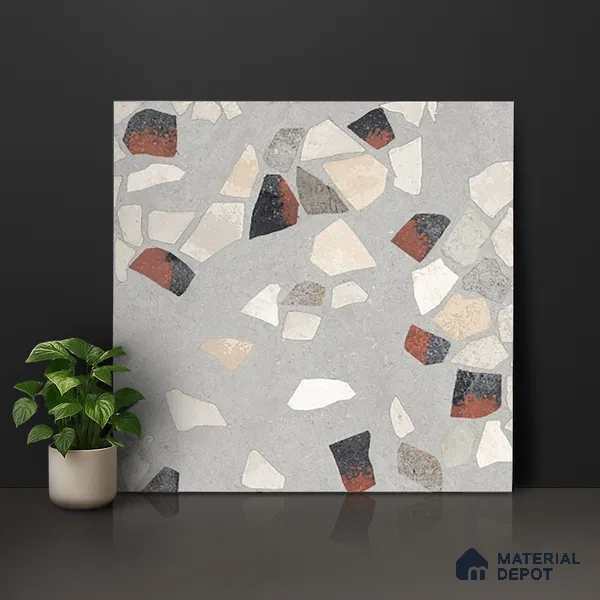 Terrazzo Wall & Floor Tile TL 06604 Emuna Gray 2 ft x 2 ft Vitrified Matte Finish - 9 mm | Suitable for Living Room, Balcony, Courtyard (Sample)