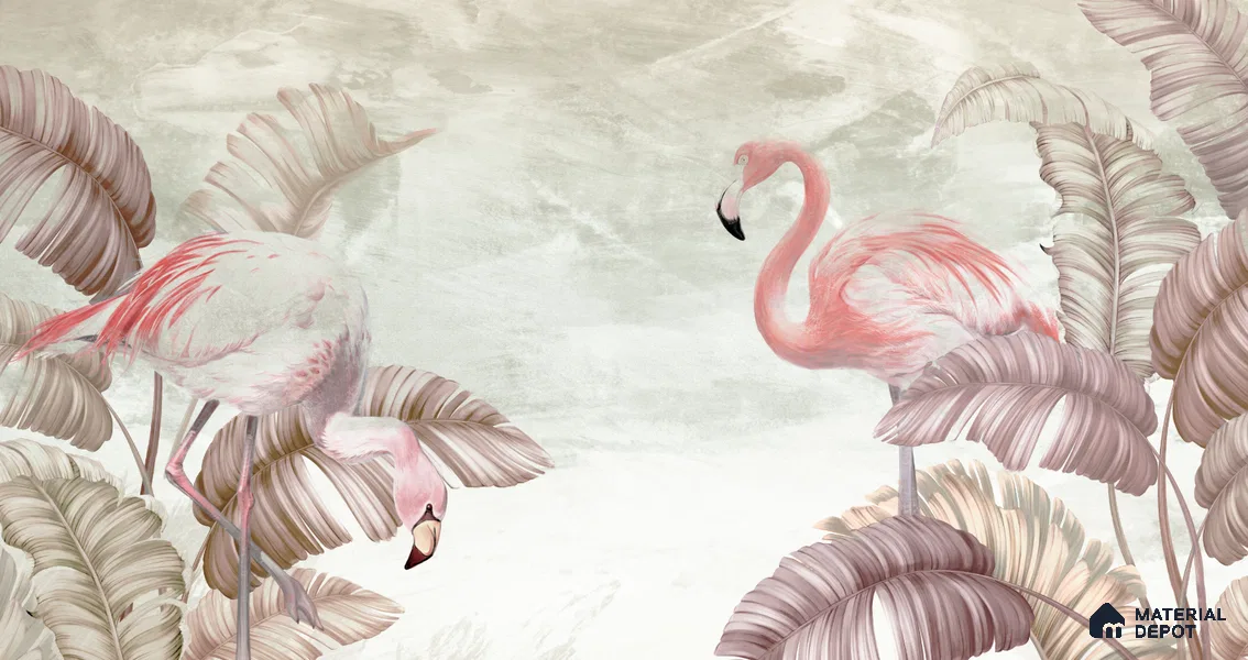 Blush Flamingo Palm Serenity Tropical Mist Nature Art | WP 03960 B Canvas Texture Finish Tropical Style luxurious Customized size Wallpaper | 250 GSM WP01CNF Paper | (MOQ = 30 Sq. Ft.) | Design change not possible