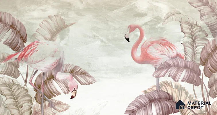 Blush Flamingo Palm Serenity Tropical Mist Nature Art | WP 03960 Non Woven Matte Finish Tropical Style Premium Customized size Wallpaper | 150 GSM WP01MTF Paper | (MOQ = 30 Sq. Ft.) | Design change not possible