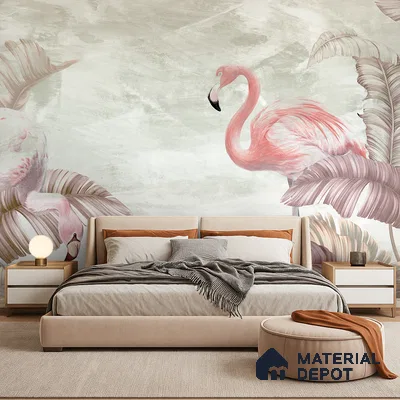 Blush Flamingo Palm Serenity Tropical Mist Nature Art | WP 03960 Non Woven Matte Finish Tropical Style Premium Customized size Wallpaper | 150 GSM WP01MTF Paper | (MOQ = 30 Sq. Ft.) | Design change not possible