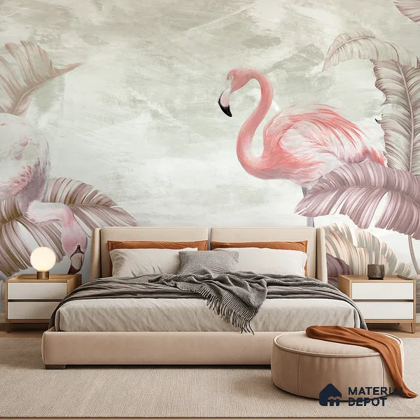 Blush Flamingo Palm Serenity Tropical Mist Nature Art | WP 03960 Non Woven Matte Finish Tropical Style Premium Customized size Wallpaper | 150 GSM WP01MTF Paper | (MOQ = 30 Sq. Ft.) | Design change not possible