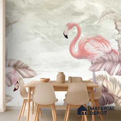 Blush Flamingo Palm Serenity Tropical Mist Nature Art | WP 03960 Non Woven Matte Finish Tropical Style Premium Customized size Wallpaper | 150 GSM WP01MTF Paper | (MOQ = 30 Sq. Ft.) | Design change not possible