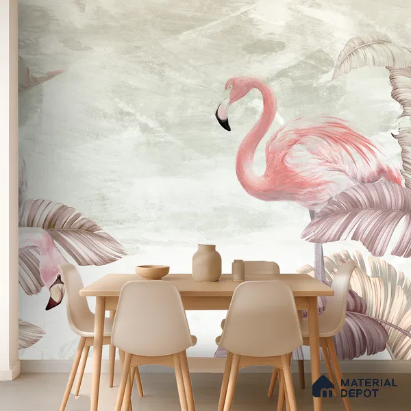 Blush Flamingo Palm Serenity Tropical Mist Nature Art | WP 03960 Non Woven Matte Finish Tropical Style Premium Customized size Wallpaper | 150 GSM WP01MTF Paper | (MOQ = 30 Sq. Ft.) | Design change not possible