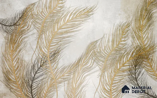 Gilded Plume Whisper Abstract Nature Art | WP 03996 B Canvas Texture Finish Tropical Style luxurious Customized size Wallpaper | 250 GSM WP01CNF Paper | (MOQ = 30 Sq. Ft.) | Design change not possible