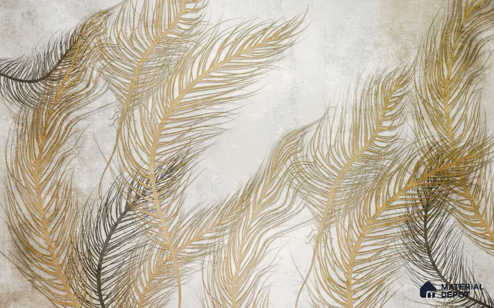 Gilded Plume Whisper Abstract Nature Art | WP 03996 B Canvas Texture Finish Tropical Style luxurious Customized size Wallpaper | 250 GSM WP01CNF Paper | (MOQ = 30 Sq. Ft.) | Design change not possible
