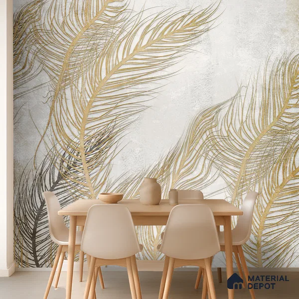 Gilded Plume Whisper Abstract Nature Art | WP 03996 Non Woven Matte Finish Tropical Style Premium Customized size Wallpaper | 150 GSM WP01MTF Paper | (MOQ = 30 Sq. Ft.) | Design change not possible