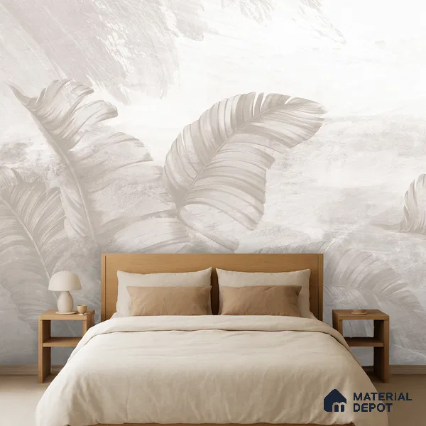 Ivory Banana Leaf Whisper Tropical Mist Nature Art | WP 03957 B Canvas Texture Finish Tropical Style luxurious Customized size Wallpaper | 250 GSM WP01CNF Paper | (MOQ = 30 Sq. Ft.) | Design change not possible
