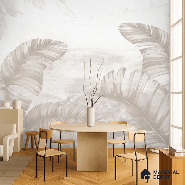 Ivory Banana Leaf Whisper Tropical Mist Nature Art | WP 03957 B Canvas Texture Finish Tropical Style luxurious Customized size Wallpaper | 250 GSM WP01CNF Paper | (MOQ = 30 Sq. Ft.) | Design change not possible