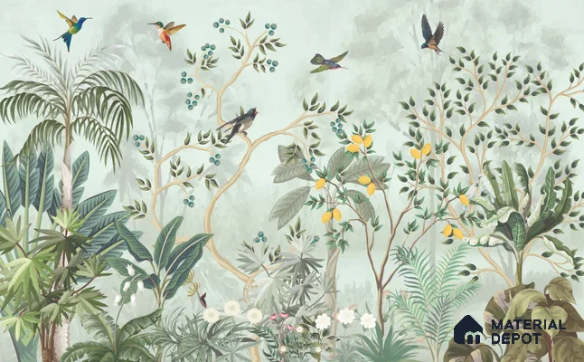 Citrine Grove Songbirds Tropical Mist Nature Art | WP 03985 B Canvas Texture Finish Tropical Style luxurious Customized size Wallpaper | 250 GSM WP01CNF Paper | (MOQ = 30 Sq. Ft.)