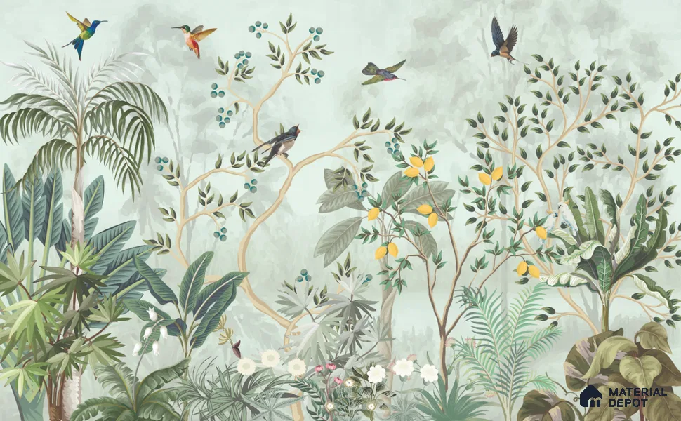 Citrine Grove Songbirds Tropical Mist Nature Art | WP 03985 B Canvas Texture Finish Tropical Style luxurious Customized size Wallpaper | 250 GSM WP01CNF Paper | (MOQ = 30 Sq. Ft.)
