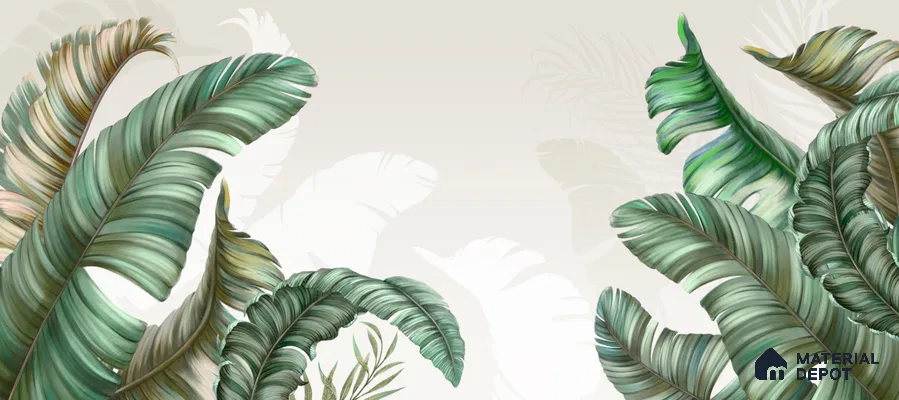 Sculpted Banana Leaf Calm Tropical Mist Nature Art | WP 03956 Non Woven Matte Finish Tropical Style Premium Customized size Wallpaper | 150 GSM WP01MTF Paper | (MOQ = 30 Sq. Ft.) | Design change not possible