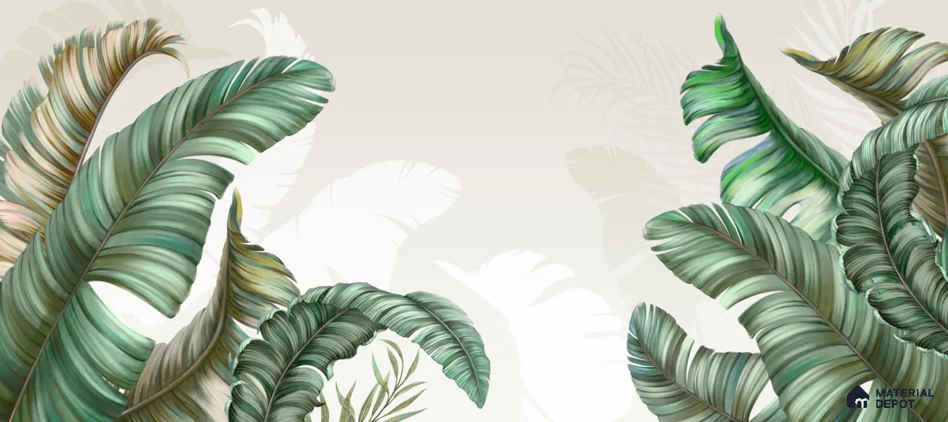 Sculpted Banana Leaf Calm Tropical Mist Nature Art | WP 03956 Non Woven Matte Finish Tropical Style Premium Customized size Wallpaper | 150 GSM WP01MTF Paper | (MOQ = 30 Sq. Ft.) | Design change not possible