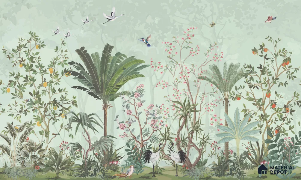 Birdsong Botanical Forest Tropical Petals Wall Mural | WP 03949 B Canvas Texture Finish Chinoiserie Style luxurious Customized size Wallpaper | 250 GSM WP01CNF Paper | (MOQ = 30 Sq. Ft.)