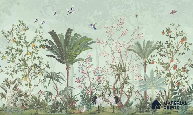 Birdsong Botanical Forest Tropical Petals Wall Mural | WP 03949 Non Woven Matte Finish Chinoiserie Style Premium Customized size Wallpaper | 150 GSM WP01MTF Paper | (MOQ = 30 Sq. Ft.)