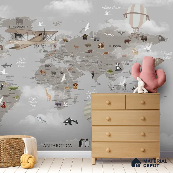 Wonders of a Wandering World Map Design | WP 04086 Canvas Texture Finish Map Style luxurious Customized size Wallpaper | 250 GSM WP01CNF Paper | (MOQ = 30 Sq. Ft.)