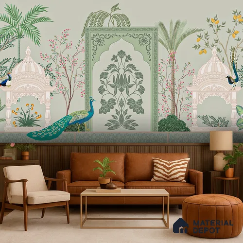 Ornamental Courtyard Pichwai | WP 04188 Non Woven Matte Finish Indian Style Premium Customized size Wallpaper | 150 GSM WP01MTF Paper | (MOQ = 30 Sq. Ft.)