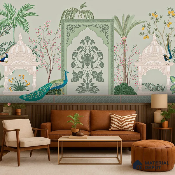 Ornamental Courtyard Pichwai | WP 04188 B Canvas Texture Finish Indian Style luxurious Customized size Wallpaper | 250 GSM WP01CNF Paper | (MOQ = 30 Sq. Ft.)