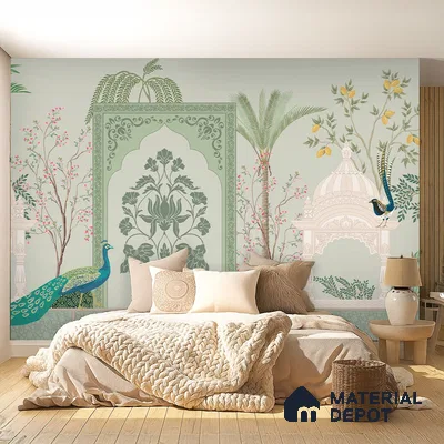 Ornamental Courtyard Pichwai | WP 04188 B Canvas Texture Finish Indian Style luxurious Customized size Wallpaper | 250 GSM WP01CNF Paper | (MOQ = 30 Sq. Ft.)