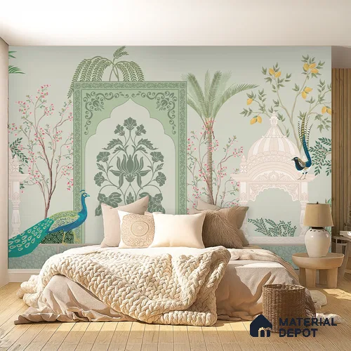 Ornamental Courtyard Pichwai | WP 04188 B Canvas Texture Finish Indian Style luxurious Customized size Wallpaper | 250 GSM WP01CNF Paper | (MOQ = 30 Sq. Ft.)
