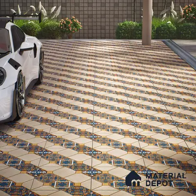 TL 01609 Cream & Blue 16 x 16 inch Matte Finish Vitrified Parking Floor Tile - 12 mm | Pattern Alignment May Vary | 2-3 mm Spacer is Mandatory