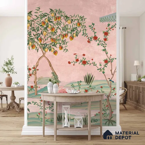 Gulbiya, Pink Chinoiserie Wallpaper, Sukoon Collection, Customised Sukoon Series Canvas Chinoserie Design (Customised Size Wallpaper)