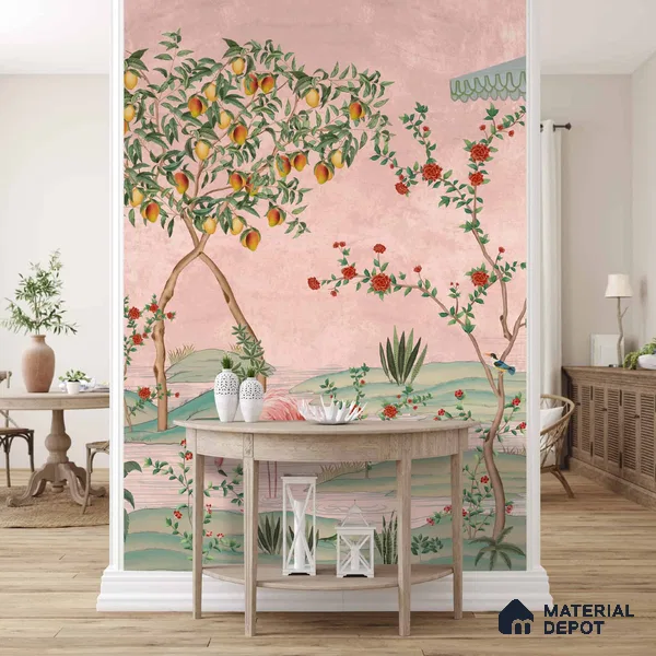 Gulbiya, Pink Chinoiserie Wallpaper, Sukoon Collection, Customised Sukoon Series Canvas Chinoserie Design (Customised Size Wallpaper)