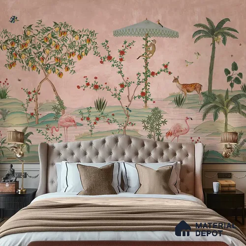 Gulbiya, Pink Chinoiserie Wallpaper, Sukoon Collection, Customised Sukoon Series Canvas Chinoserie Design (Customised Size Wallpaper)