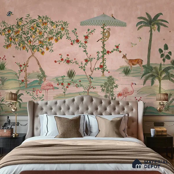 Gulbiya, Pink Chinoiserie Wallpaper, Sukoon Collection, Customised Sukoon Series Handmade Chinoserie Design (Customised Size Wallpaper)