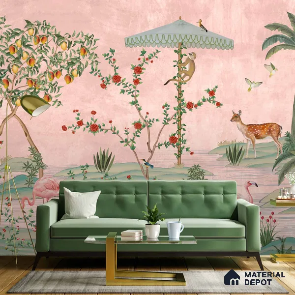 Gulbiya, Pink Chinoiserie Wallpaper, Sukoon Collection, Customised Sukoon Series Handmade Chinoserie Design (Customised Size Wallpaper)